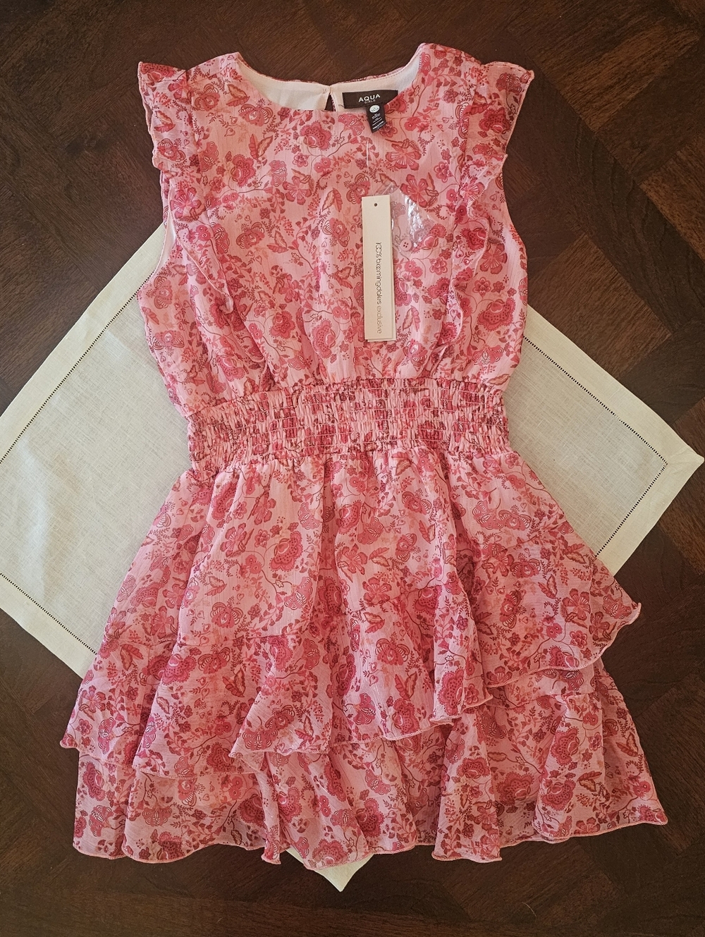 Bloomingdale's AQUA Girls Pink Floral Smocked Tiered Ruffle Dress Sz L 10/12 NWT